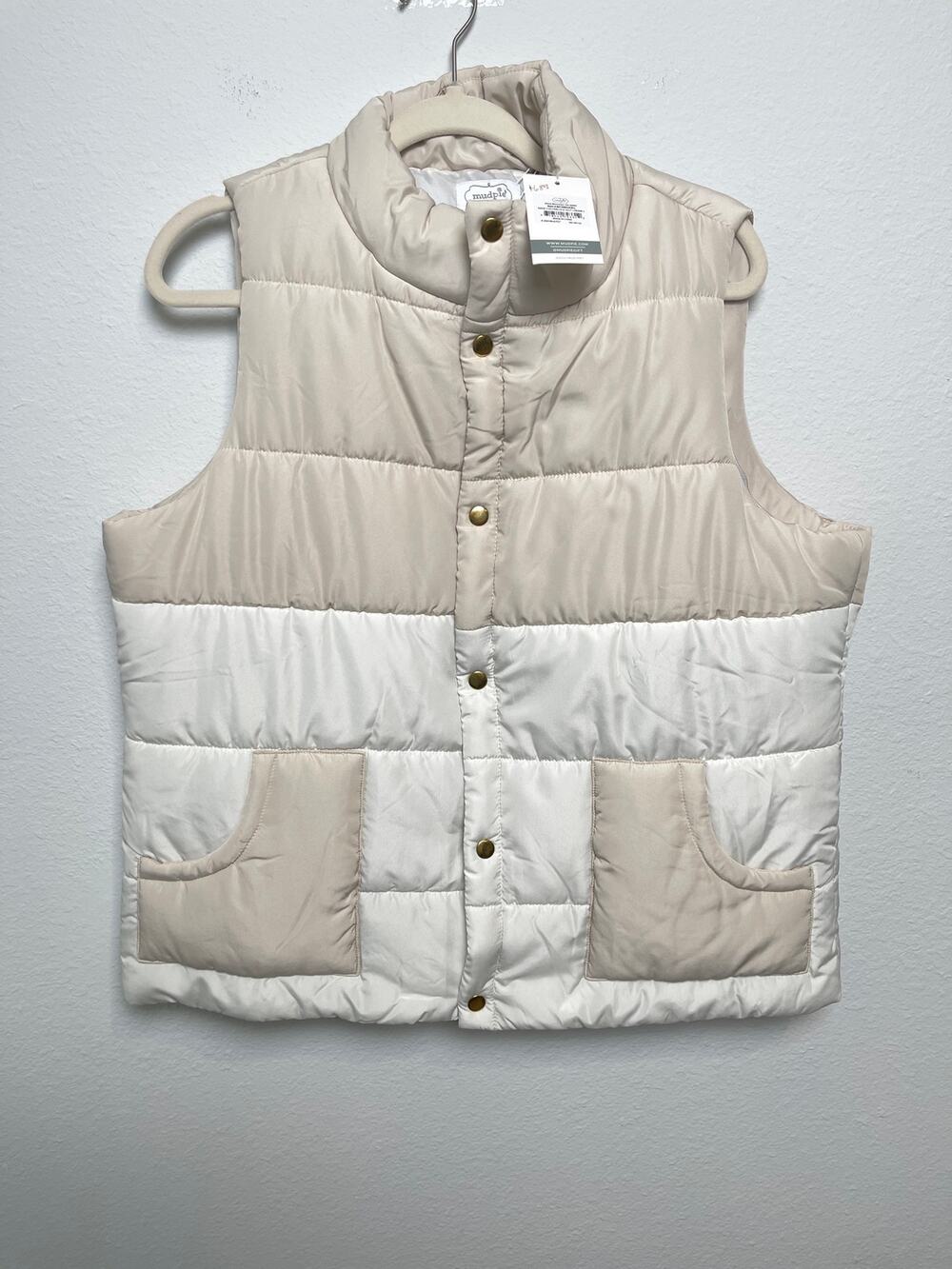Mud Pie Gage Colorblock Puffer Vest Cream Beige Snap Front Women’s L NWT